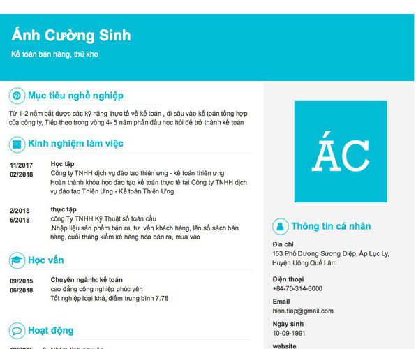 Mẫu CV Kế toán bán hàng, thủ kho