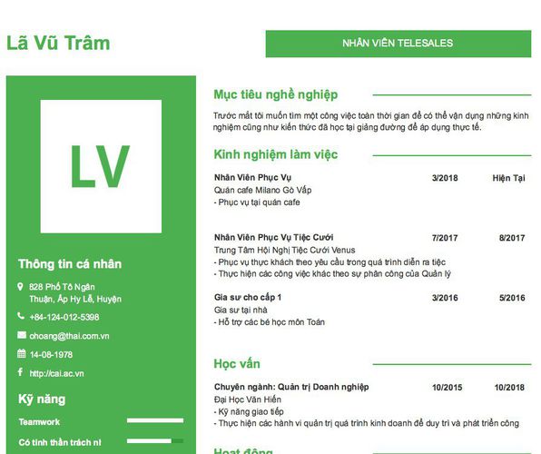 Mẫu CV NHÂN VIÊN TELESALES