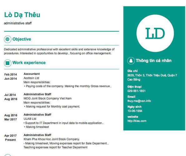 Mẫu CV administrative staff