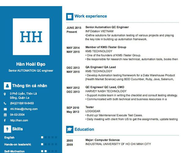 Mẫu CV Senior AUTOMATION QC engineer