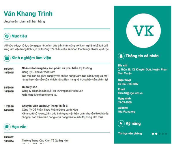 Mẫu CV Ứng tuyển  giám sát bán hàng