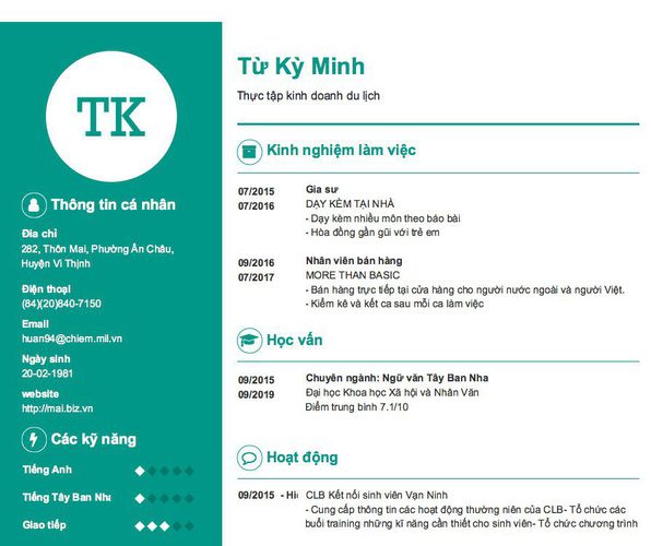 Mẫu CV Thực tập kinh doanh du lịch