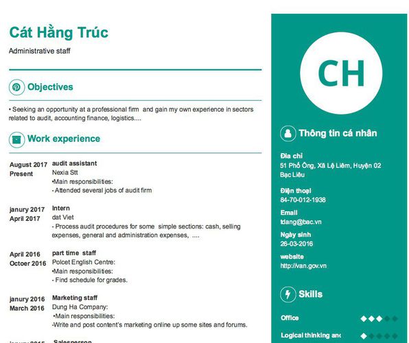 Mẫu CV Administrative staff