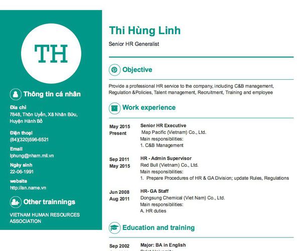 Mẫu CV Senior HR Generalist