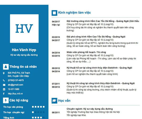 Mẫu CV Kỹ sư xây dựng cầu đường
