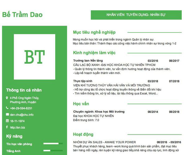 Mẫu CV NHÂN VIÊN  TUYỂN DỤNG- NHÂN SỰ
