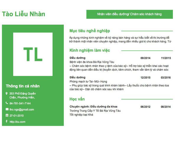 Mẫu CV Nhân viên điều dưỡng/ Chăm sóc khách hàng