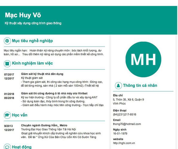 Mẫu CV Kỹ thuật xây dựng công trình giao thông