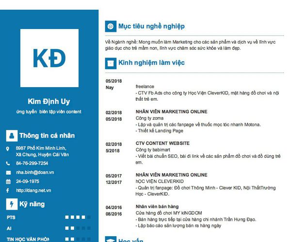 Mẫu CV ứng tuyển  biên tập viên content