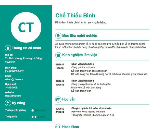 Mẫu CV Kế toán - hành chính nhân sự - ngân hàng