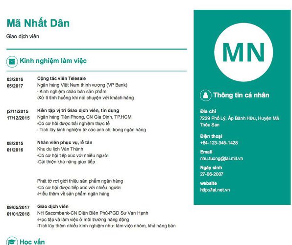 Mẫu CV Giao dịch viên