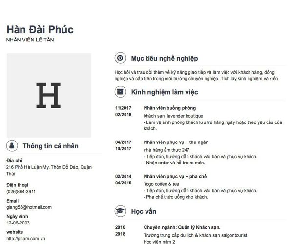 Mẫu CV NHÂN VIÊN LỄ TÂN