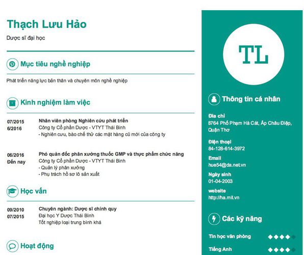 Mẫu CV Dược sĩ đại học