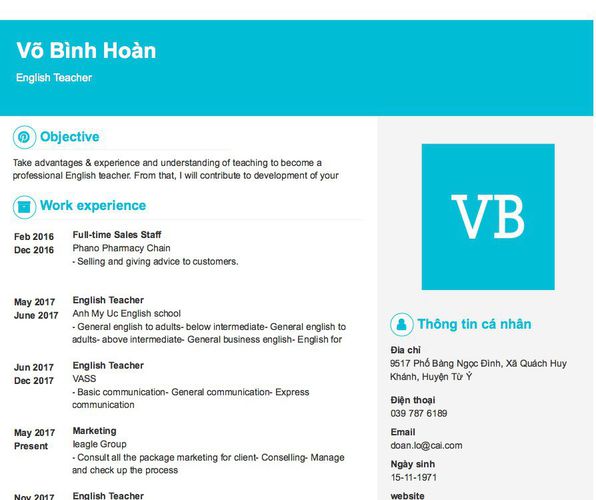 Mẫu CV English Teacher