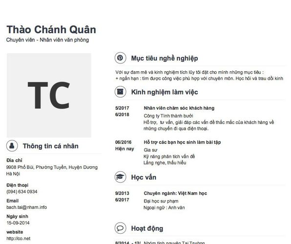 Mẫu CV Chuyên viên - Nhân viên văn phòng