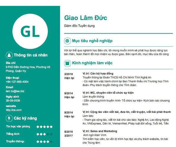 Mẫu CV Giám đốc Tuyển dụng