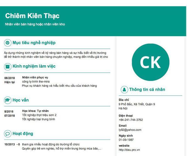Mẫu CV Nhân viên bán hàng hoặc nhân viên kho