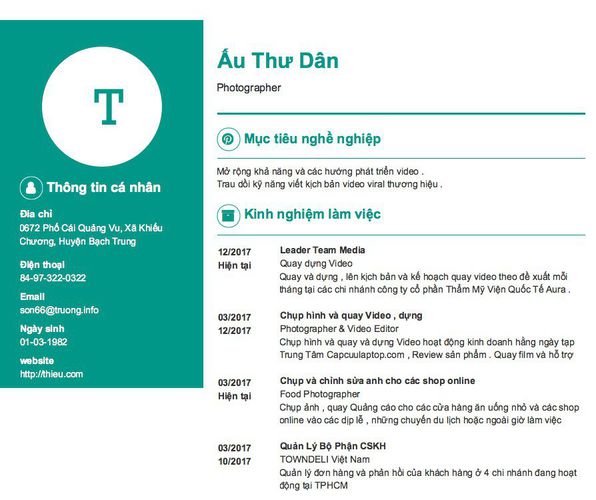 Mẫu CV Photographer