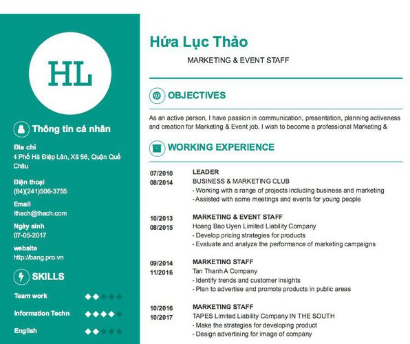 Mẫu CV                    MARKETING & EVENT STAFF
