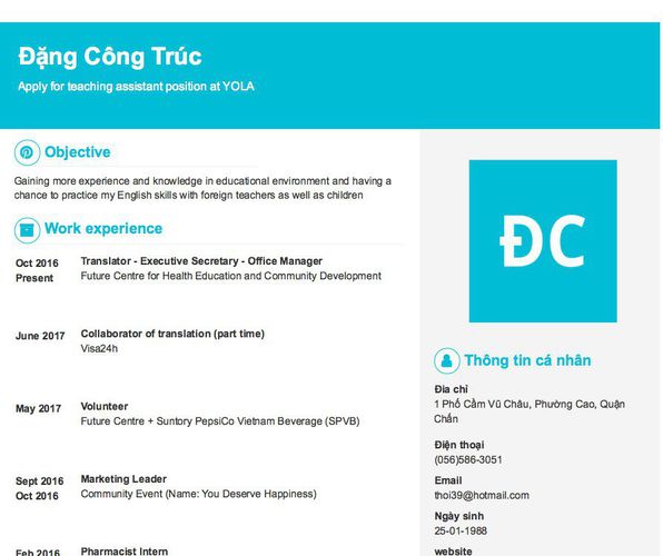 Mẫu CV Apply for teaching assistant position at YOLA