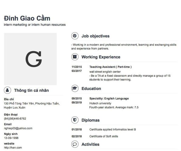 Mẫu CV intern marketing or intern human resources