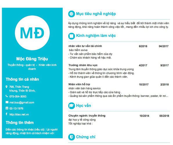 Gợi ý cách viết Mẫu CV tham khảo Truyền thông - quản trị  -  Nhân viên kinh doanh