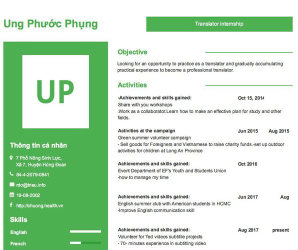 Mẫu CV Translator internship