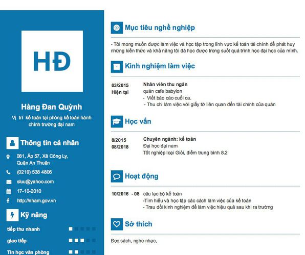 Mẫu CV Vị  trí  kế toàn tại phòng kế toán hành chính trường đại nam