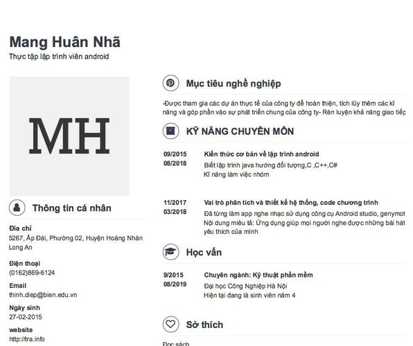 Mẫu CV Thực tập lập trình viên android