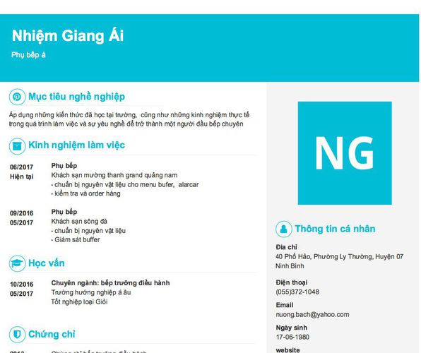 Mẫu CV Phụ bếp á