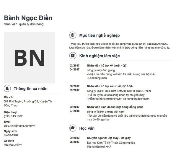 Mẫu CV nhân viên  quản lý đơn hàng