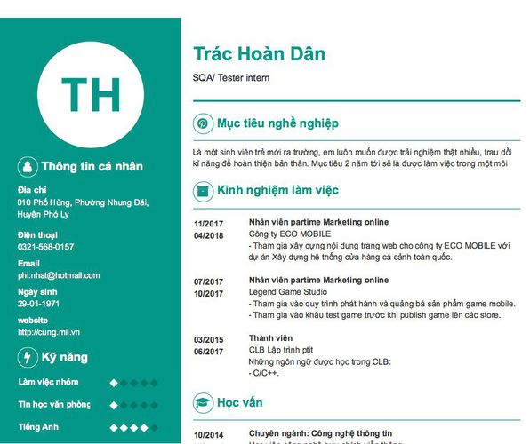 Mẫu CV SQA/ Tester intern