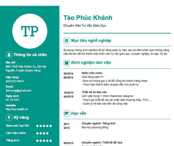 Mẫu CV Chuyên Viên Tư Vấn Giáo Dục