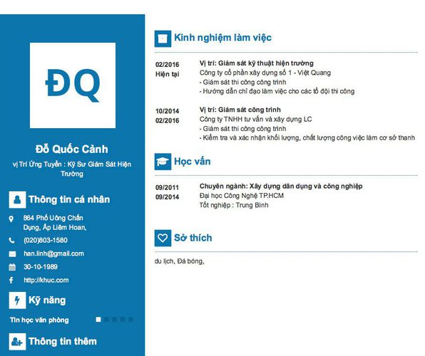 Mẫu CV vị Trí Ứng Tuyển : Kỹ Sư Giám Sát Hiện Trường