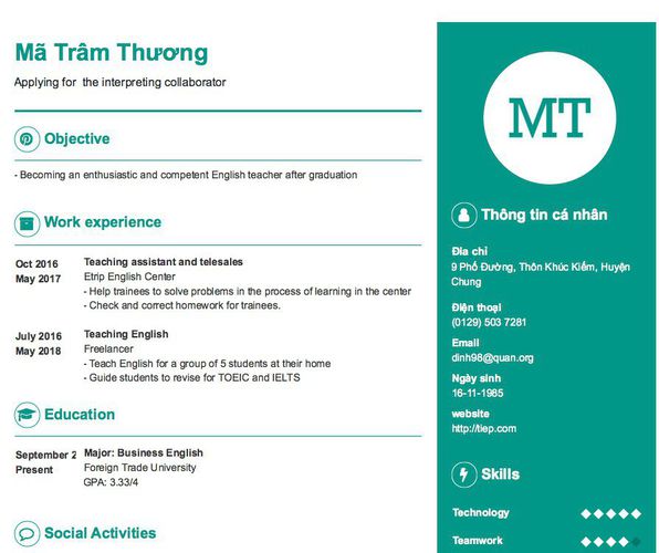 Mẫu CV Applying for  the interpreting collaborator