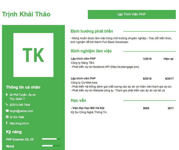 Mẫu CV Lập Trình Viên PHP