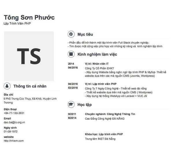 Mẫu CV Lập Trình Viên PHP