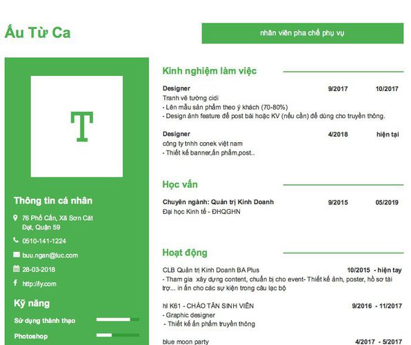 Mẫu CV nhân viên pha chế phụ vụ