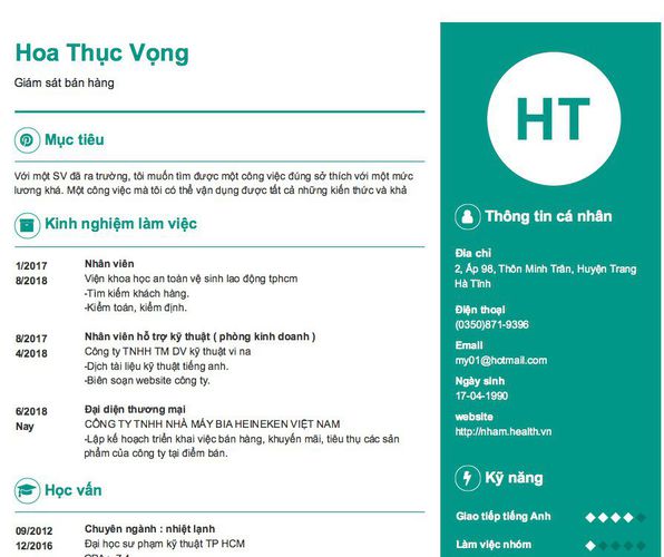 Mẫu CV Giám sát bán hàng