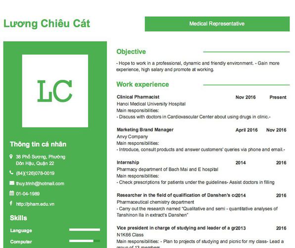 Mẫu CV Medical Representative