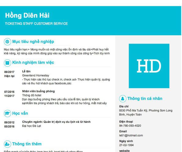 Mẫu CV TICKETING STAFF CUSTOMER SERVICE