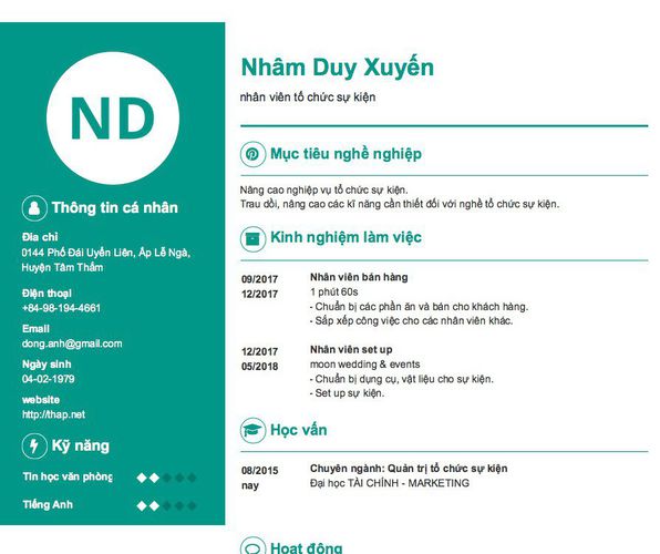 Mẫu CV nhân viên tổ chức sự kiện