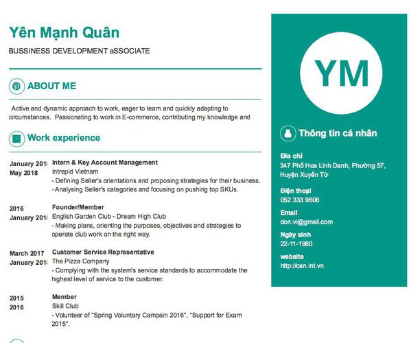 Mẫu CV BUSSINESS DEVELOPMENT aSSOCIATE