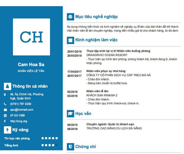 Mẫu CV NHÂN VIÊN LỄ TÂN