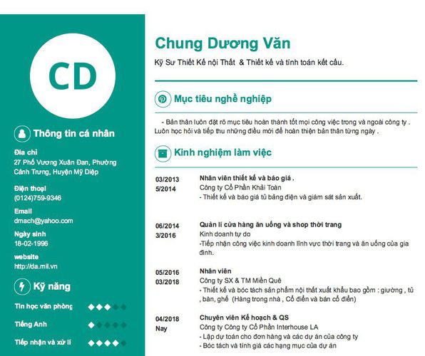 Gợi ý cách viết Mẫu CV tham khảo Kỹ Sư Thiết Kế nội Thất  & Thiết kế và tính toán kết cấu.