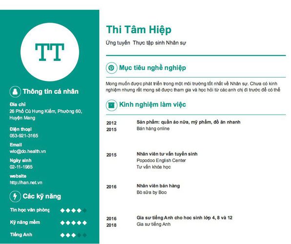 Mẫu CV Ứng tuyển  Thực tập sinh Nhân sự