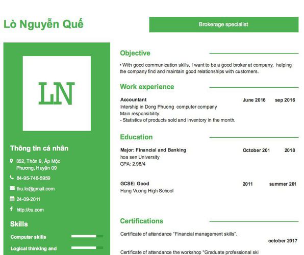 Mẫu CV Brokerage specialist