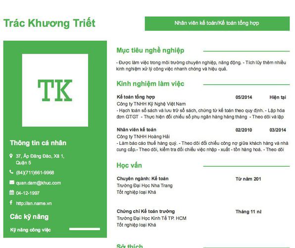Mẫu CV Nhân viên kế toán/Kế toán tổng hợp
