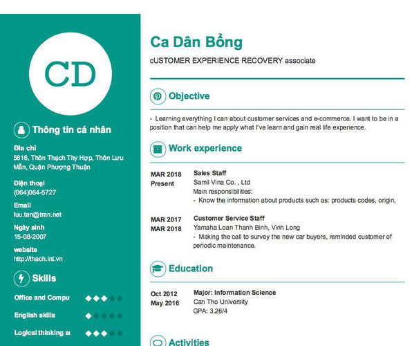 Mẫu CV cUSTOMER EXPERIENCE RECOVERY associate