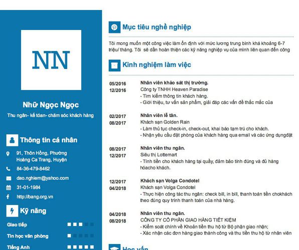 Mẫu CV Thu ngân- kế tóan- chăm sóc khách hàng